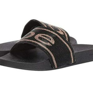 BeBe Rose Gold and Black Rhinestone Sandals Slides